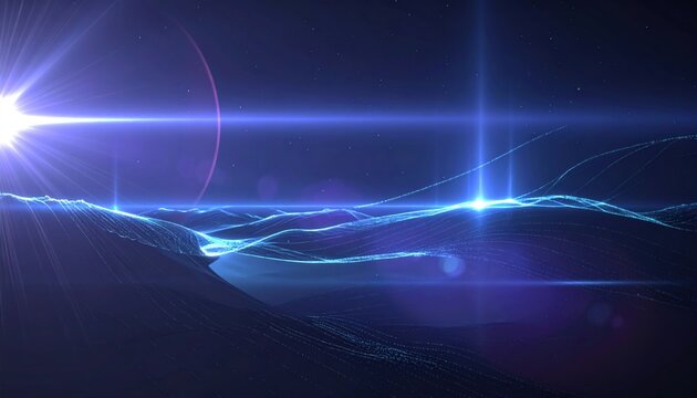 Futuristic digital landscape with bright celestial flares and light trails
