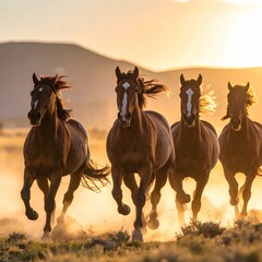 Four galloping brown horses against a sunset sky
