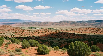 Paragliding over a vast desert landscape. Extreme sport adventure in the American Southwest. Scenic travel and tourism concept for exploration and freedom. Outdoor recreation lifestyle