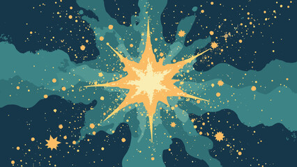 Atomic star scatter — tiny starbursts and pin-dots in layered density field; palette: mustard, teal, espresso, cream