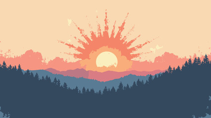 Sunburst halftone gradient — wide rays halftoned toward center with muted grain; palette: peach, coral, navy, bone