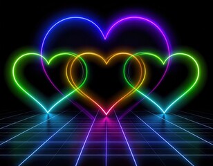 Glowing neon hearts on reflective grid floor, dark background