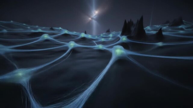 Ethereal Network of Glowing Blue Connections Across a Dark Alien Landscape Under a Distant Nebula Sky