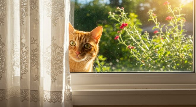 Curious Orange Cat Peeking Through Lace Curtains at Window - Powered by Adobe