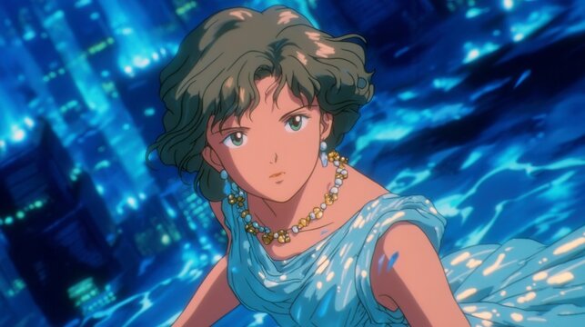 Young girl with flowing hair, vibrant blue background, exploring a fantastical world, perfect for creative storytelling.