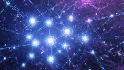 Fototapeta premium Illuminated nodes connected by bright lines against a nebula-like background, suggesting a network
