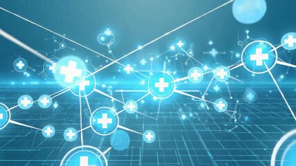 abstract medical background, futuristic hexagonal pattern, glowing cross icons, digital healthcare technology, light blue gradient, molecular network design - Powered by Adobe