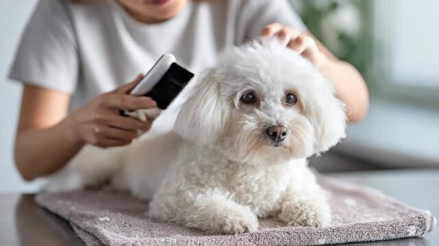 A fluffy white dog is being brushed by a woman, emphasizing pet hygiene and love. The serene atmosphere and gentle care showcase the importance of regular dog grooming routines