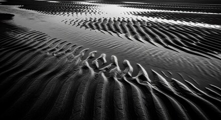 Monochrome abstract sand ripples on a tidal flat. Natural patterns and textures formed by water erosion. Minimalist landscape with dramatic light and shadow. Conceptual art for business flow