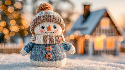 Cozy Knitted Snowman with Winter Hat in Snowy Christmas Scene wi