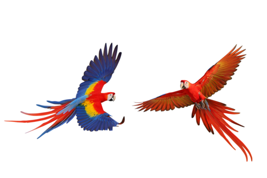 Colorful flying Macaw parrots isolated on transparent background png file