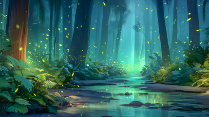 Mystical Forest Night Scene with Fireflies and Stream in Enchant