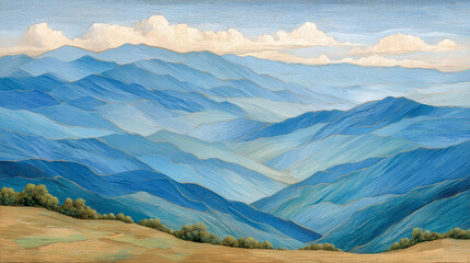 Serene Blue Mountain Landscape with Rolling Hills and Cloud-Fill