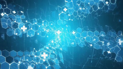 abstract medical background, futuristic hexagonal pattern, glowing cross icons, digital healthcare technology, light blue gradient, molecular network design - Powered by Adobe