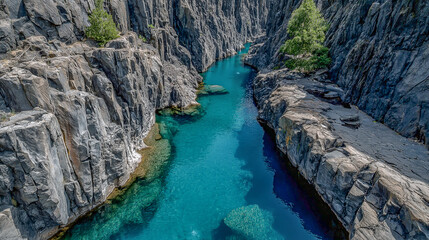 Serene Mountain Gorge with Crystal Clear River Flowing Between R