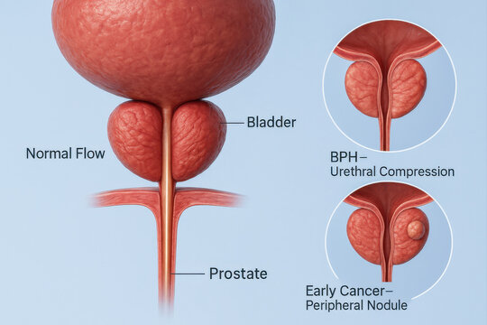 Illustration of Prostate Anatomy Showing Normal Flow, BPH, and Early Cancer Nodules, Highlighting Key Aspects of Men's Health in Urological Studies