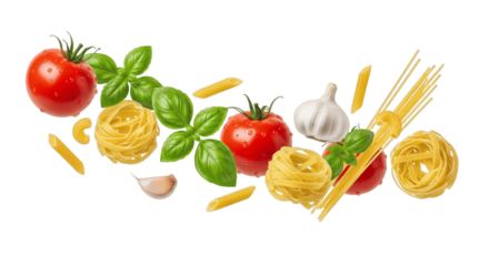 Fresh Italian pasta ingredients including tomatoes, basil leaves, garlic, and assorted uncooked pasta, isolated on white background, perfect for cooking, recipes, and food design, PNG image.


