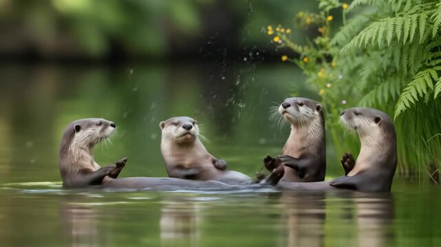 Four Playful River Otters Gather in a Lush Green Forest Stream Splashing Water in Soft Natural Sunlight Creating a Whimsical and Joyful Atmosphere