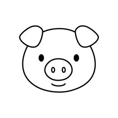 Cute pig cartoon illustration featuring a smiling farm animal head, minimalist line art graphic of a happy swine character with a prominent snout, depicting a mammal livestock hog face