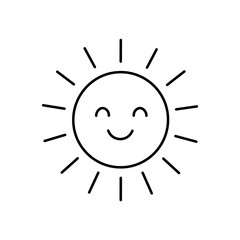 Happy sun icon with a cheerful smile, presented as a simple graphic illustration in clean vector line art, symbolizing summer weather and positive energy