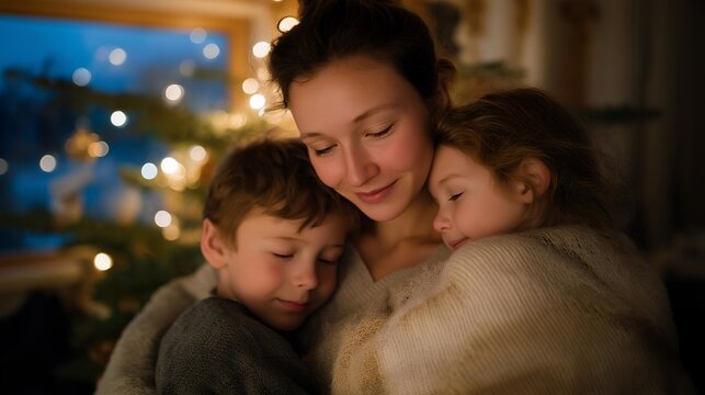 Small family embracing beneath a modest Christmas tree inside a shelter, warm light reflecting in their eyes — deeply emotional narrative of resilience, safety, love, and the spirit of togetherness