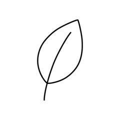 Simple leaf line art icon in minimalist outline style on transparent background, conveying calmness, organic simplicity, and a deep connection to nature and the environment.