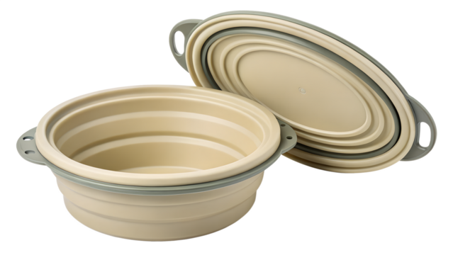 Collapsible silicone bowls, one open and one stacked, isolated on transparent background