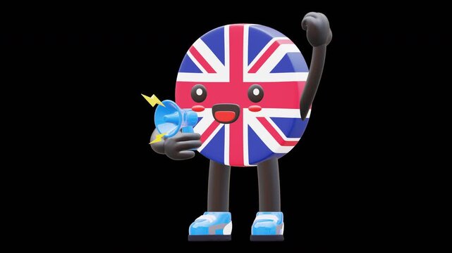 Cute 3D United Kingdom flag mascot holding blue megaphone speaking out loud symbolizing announcement and communication.