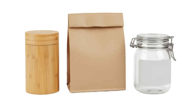 Set of storage containers including bamboo canister, kraft paper bag, and glass jar with clamp lid, isolated on white background, ideal for kitchen, pantry, and organization, PNG image.
