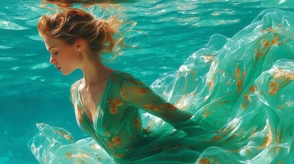 Woman in flowing green dress underwater, vibrant turquoise ambiance, enchanting movement, perfect for fashion or dreamlike themes.