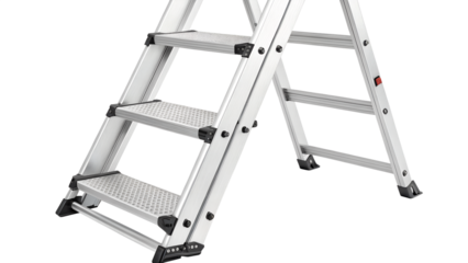 A closeup view of a silver multipurpose folding ladder with wide steps, isolated on transparent background