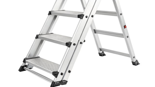 A closeup view of a silver multipurpose folding ladder with wide steps, isolated on transparent background
