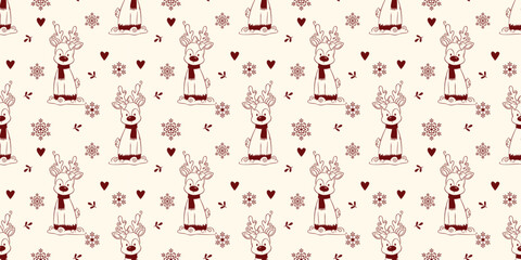 Elegant seamless Christmas pattern with red reindeer in scarves, hearts, and snowflakes on beige. Cozy festive design for fabric, wrapping, stationery, and Scandinavian winter decor.