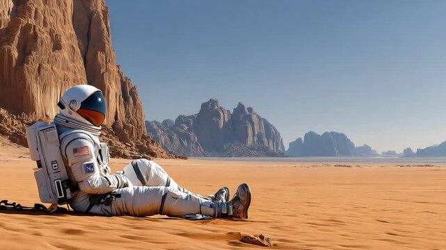 Solitude on Mars: A lone astronaut finds a moment of respite on the desolate Martian landscape, gazing upon the majestic mountains.