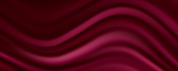Luxury burgundy silk fabric with velvet texture and elegant flowing waves. Rich crimson material draped for fashion or interior design. Smooth satin surface with deep red color and soft shadows.