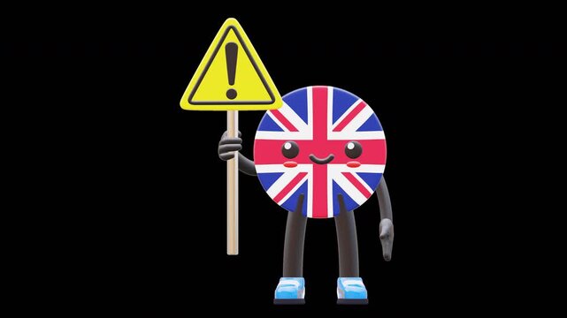 Cute 3D United Kingdom flag mascot holding yellow triangle danger sign symbolizing alert, risk, and safety warning.