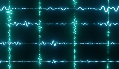 Heartbeat, sound waves, neon lights, 3D illustrations