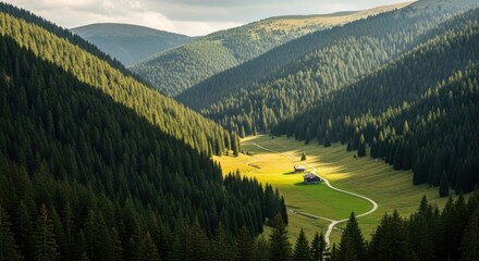 Idyllic mountain valley landscape with dense pine forest. Remote wooden cabins in a sunlit meadow. Winding country road through alpine scenery. Ecotourism and sustainable travel concept