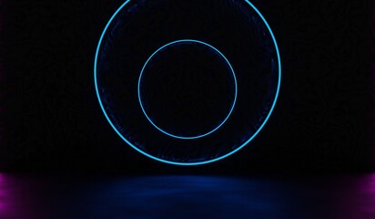 Neon circle scene, modern showroom, 3D illustration
