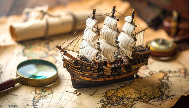 Historic sailing ship model with white sails on aged map surrounded by vintage navigation tools for editorial maritime photography exploration decor and poetic voyage-themed visuals