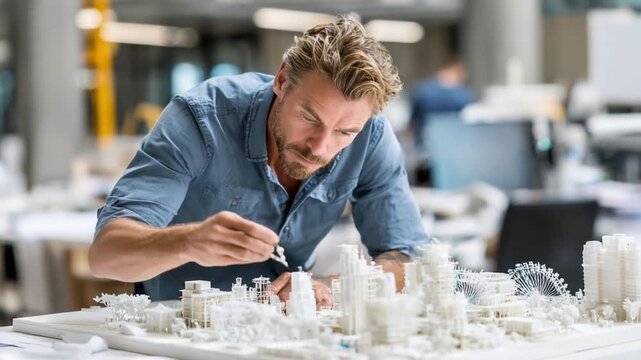 Architect at Work: An architect, immersed in his craft, meticulously crafts a detailed architectural model with precision. The scene depicts creativity and dedication.
