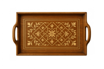 Wooden serving tray presenting intricate floral inlay pattern, handcrafted decorative serving board, transparent background, top view
