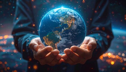 Fototapeta premium Earth Held in Hands, Global Unity, World Peace, Environmental Awareness, Human Responsibility.