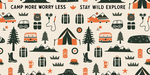Whimsical camping and outdoor adventure pattern with mountains trees and vehicles