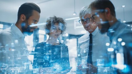 Four colleagues engage in a strategic discussion, blending technology and creativity for business growth. The double exposure effect highlights digital transformation and urban progress - Powered by Adobe