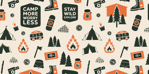 Whimsical camping adventure pattern with tents trees campfires and motivational sayings