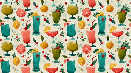 Seamless Pattern of Vintage Christmas Holiday Drinks on Cream Background, Classic Illustration with Citrus and Berries for Packaging and Textiles