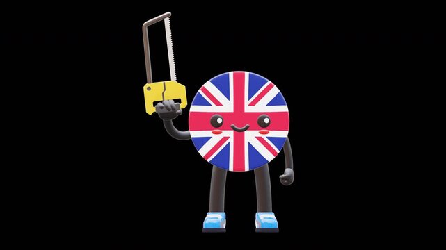 Cute 3D United Kingdom flag mascot wearing helmet holding hacksaw symbolizing cutting tool and mechanical work.