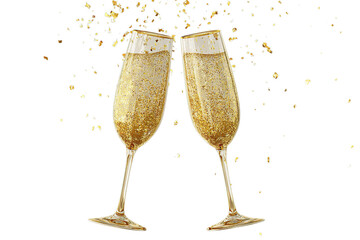 Two champagne flutes clinking with golden confetti celebrate a joyful moment