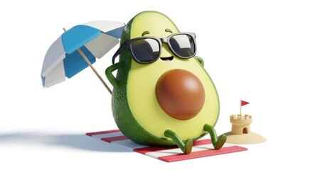 Fototapeta premium Relaxing avocado with sunglasses on beach, sandcastle and umbrella